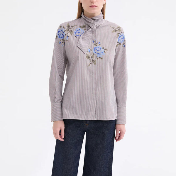 ROSSO35 Flower Stripe Cotton Shirt in Brown