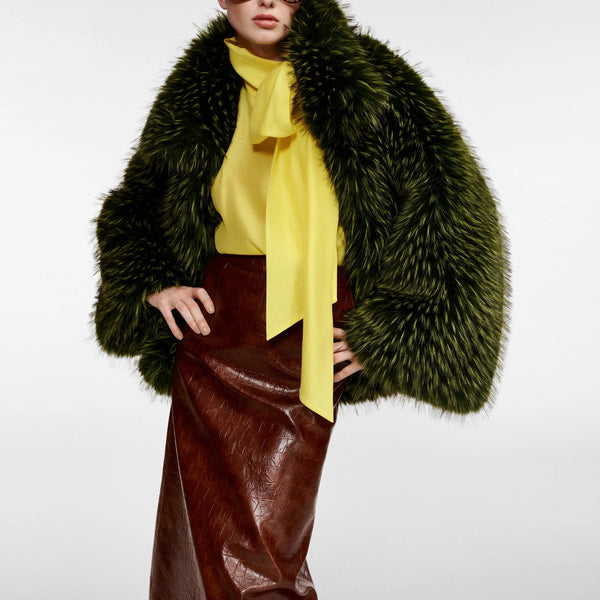 ESSENTIEL ANTWERP Kastanje Faux Fur Coat in Forest Green