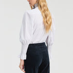 VILAGALLO Small Check Frill Shirt in White/Navy