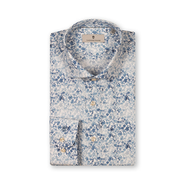 THOMAS MAINE Roma Modern Floral Print Shirt in Mid Blue