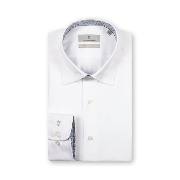THOMAS MAINE Bergamo Hidden Button Shirt in White/Mid Blue