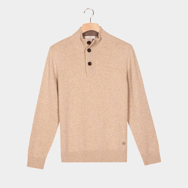 THOMAS MAINE 3 Button Lambswool Jumper in Light Brown