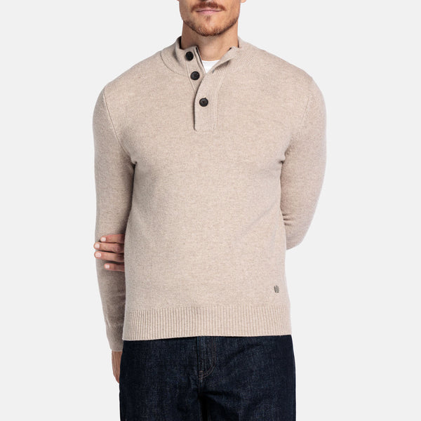 THOMAS MAINE 3 Button Lambswool Jumper in Light Brown