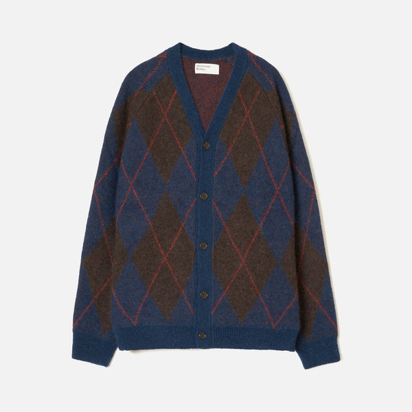 UNIVERSAL WORKS David Alpaca Argyle Cardigan in Navy