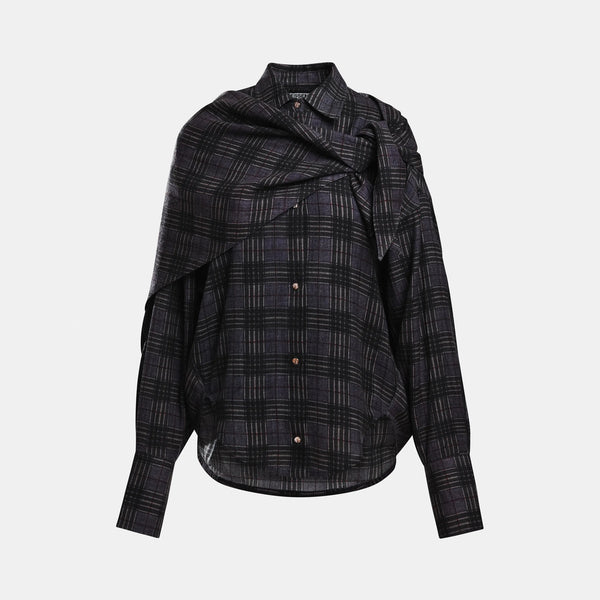 ESSENTIEL ANTWERP Kiss Oversized Check Shirt with Scarf in Grey