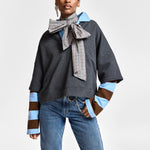 ESSENTIEL ANTWERP Kantelou Layered Polo Sweatshirt with Striped Sleeves in Blue/Brown/Dark Grey
