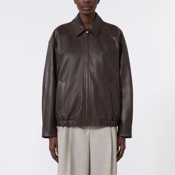 WEEKEND MAX MARA WKDCose Nappa Leather Bomber Jacket in Dark Brown