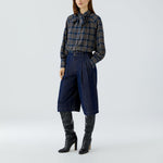 OUI Long Check Tie Neck Blouse in Dark Blue/Camel