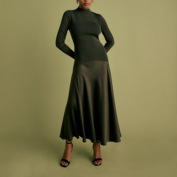 FLORERE Acacia Mockable Midi Dress in Khaki