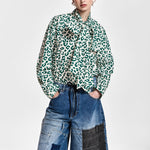 ESSENTIEL ANTWERP Khaleesi Leopard Print Pussy-bow Shirt in Dark Green/Off White