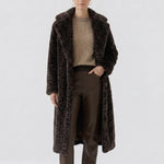 OUI Leopard Print Faux Fur Long Coat in Dark Brown/Grey-Black