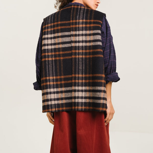 SACRECOEUR Antonia Check Reversible Wool Vest in Blue