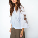 MOS MOSH MMAleysa Popli V-Neck Embroidered Sleeve Blouse  in Skyway