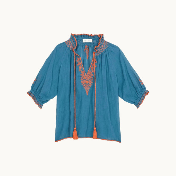 M.A.B.E Talia Embroidered Short Sleeve Top in Blue/Orange