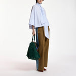 ESSENTIEL ANTWERP Kefir Striped Pussy-bow Top with Trumpet Sleeves in Light Blue/White