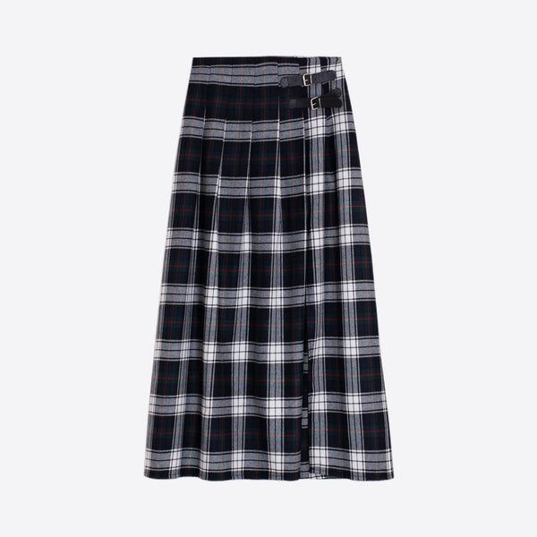 VILAGALLO Long Tartan Kilt Skirt in Grey/Navy