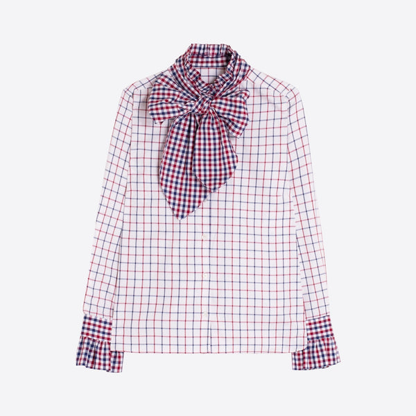 VILAGALLO Niki Check Shirt with Tie Neck in White/Red
