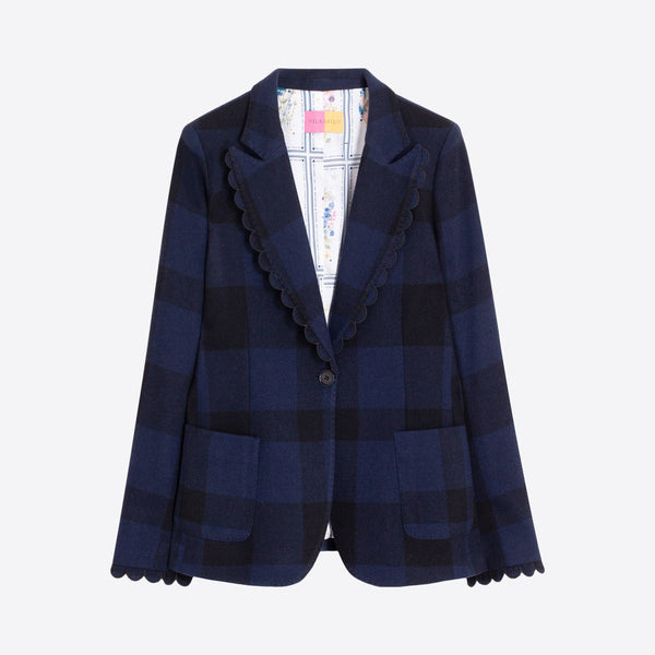 VILAGALLO Hillary Scallop Edge Check Jacket in Navy/Black