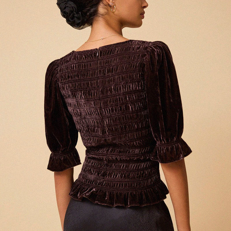 BY IRIS Raya Velvet Smocked Top in Chocolate Brown