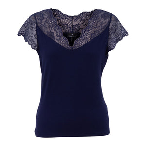 Lace Cap Sleeve T Shirt in Navy