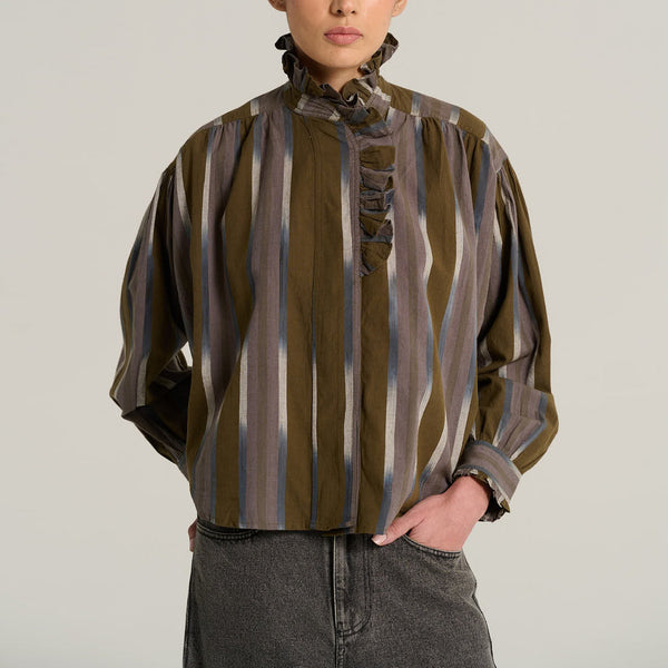 V DE VINSTER Pablo Stripe Ruffle Neck Blouse in Ikat Khaki