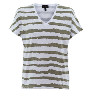 V Neck Stripe T Shirt in Khaki/White