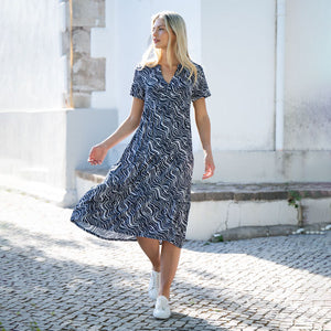 Fit & Flare Wave Print Dress in Navy