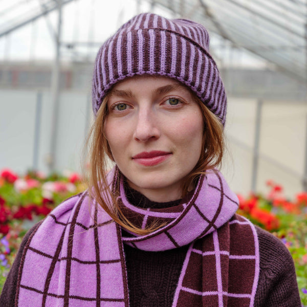 QUINTON & CHADWICK Angora Stripe Beanie Hat in Brown/Lilac