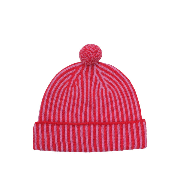 QUINTON & CHADWICK Angora Stripe Beanie Hat in Pink/Red