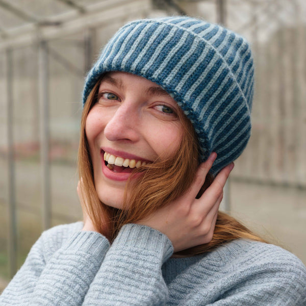 QUINTON & CHADWICK Angora Stripe Beanie Hat in Aqua/Teal