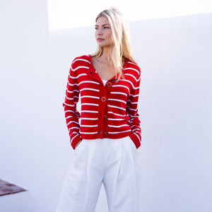 Button Up Stripe Cardigan in Red