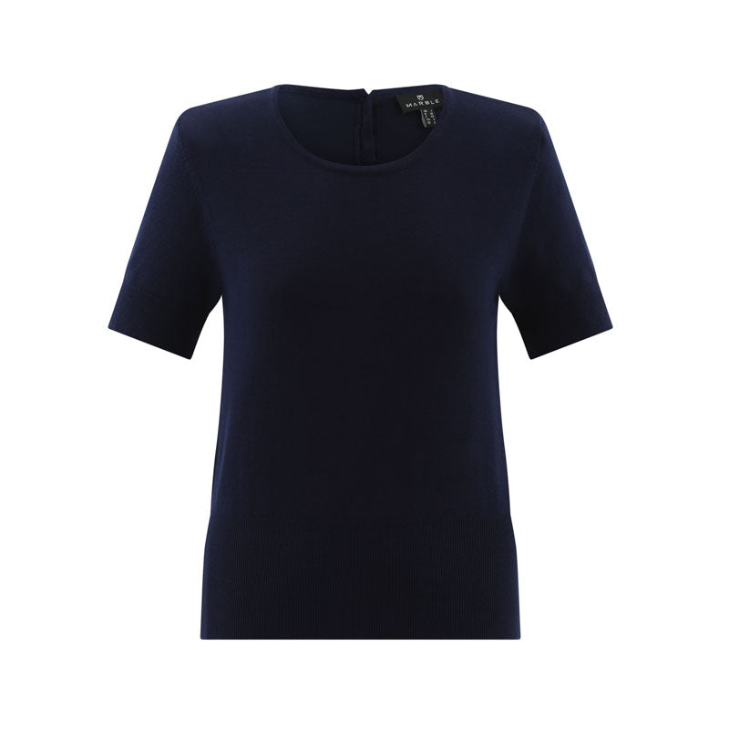 MARBLE Round Neck Short Sleeve Knitted Top in Ink Blue