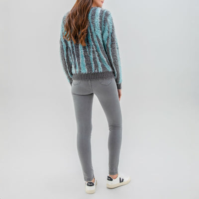 MARBLE V Neck Fuzzy Sweater in Green/Blue