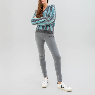 MARBLE V Neck Fuzzy Sweater in Green/Blue