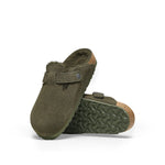 BIRKENSTOCK Boston Shearling Suede Leather Mules in Thyme