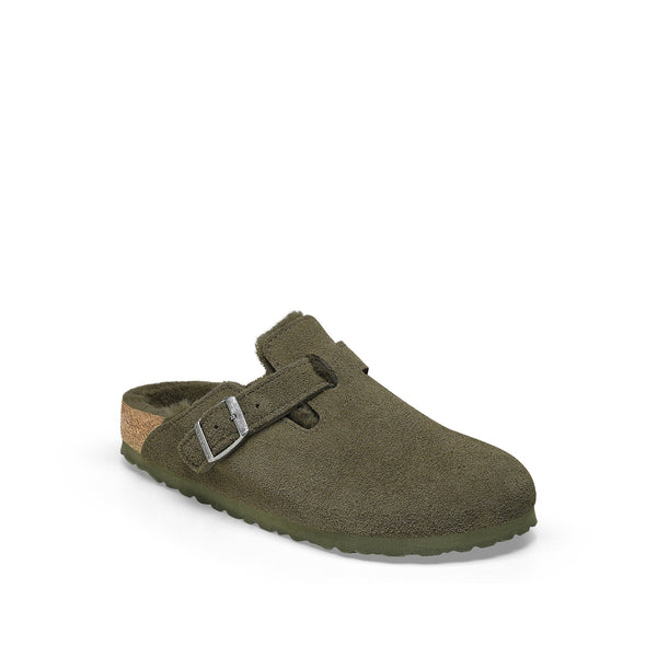 BIRKENSTOCK Boston Shearling Suede Leather Mules in Thyme