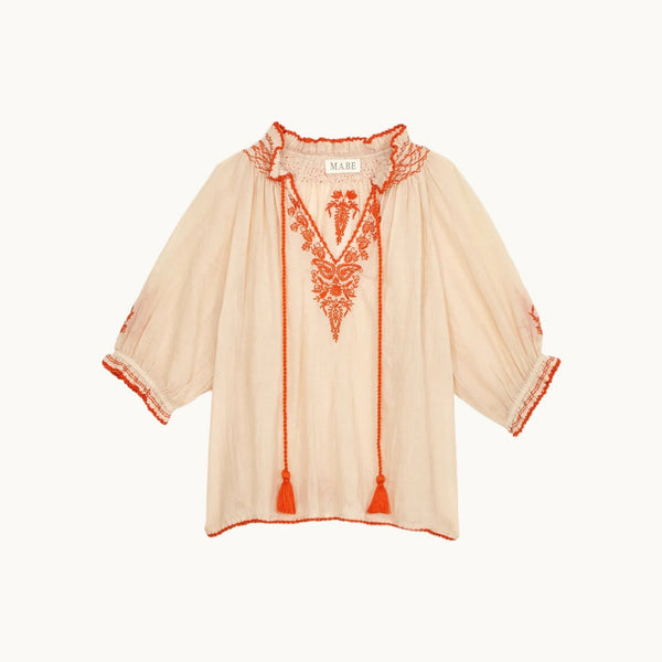 M.A.B.E Talia Embroidered Short Sleeve Top in Beige/Orange