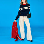 JUMPER 1234 Chest Stripe Crew Neck Jumper in New Navy/Scarlet/Jasmine