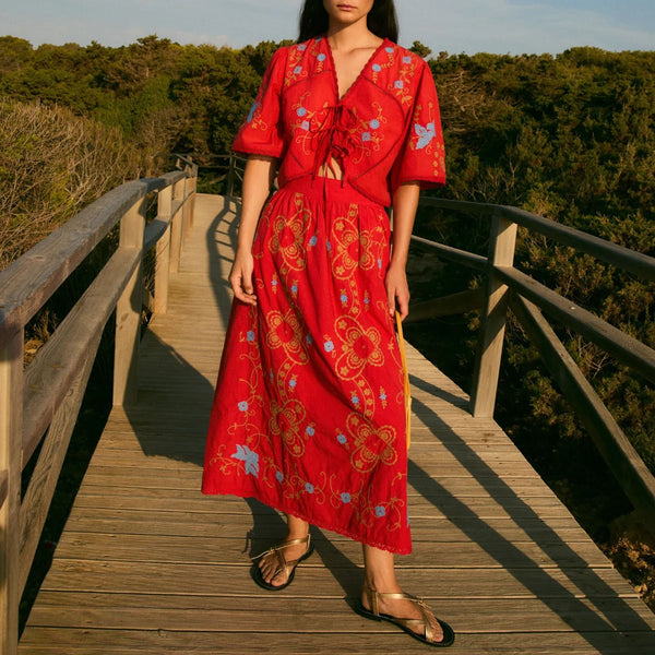 SOPHIE + LUCIE Amapola Embroidered Skirt in Red