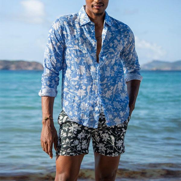 PINK HOUSE MUSTIQUE Mens Iguana Linen Shirt in Blue