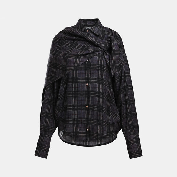 ESSENTIEL ANTWERP Kiss Oversized Check Shirt with Scarf in Grey
