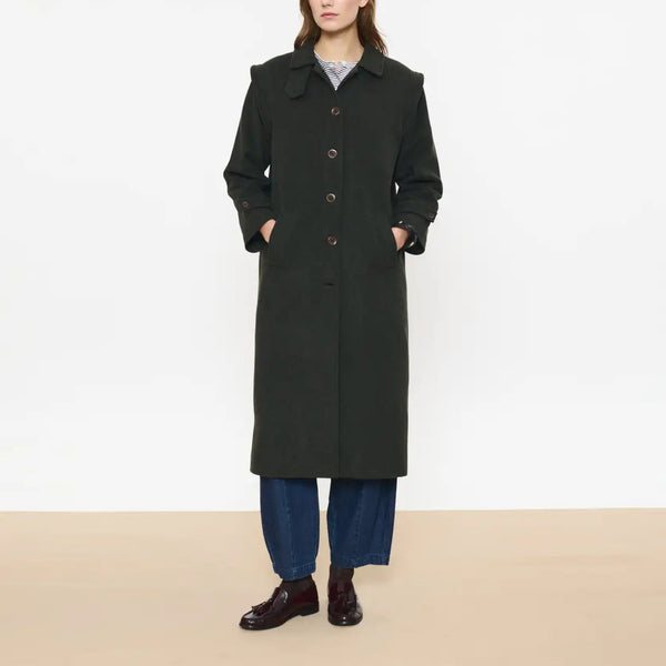 BEATRIZ FUREST Tabare Long Wool Button Up Coat in Olive
