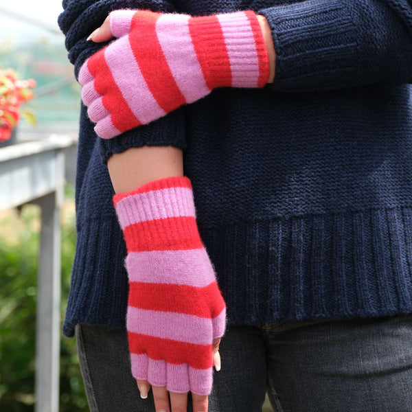 QUINTON & CHADWICK Stripe Fingerless Gloves in Red/Pink