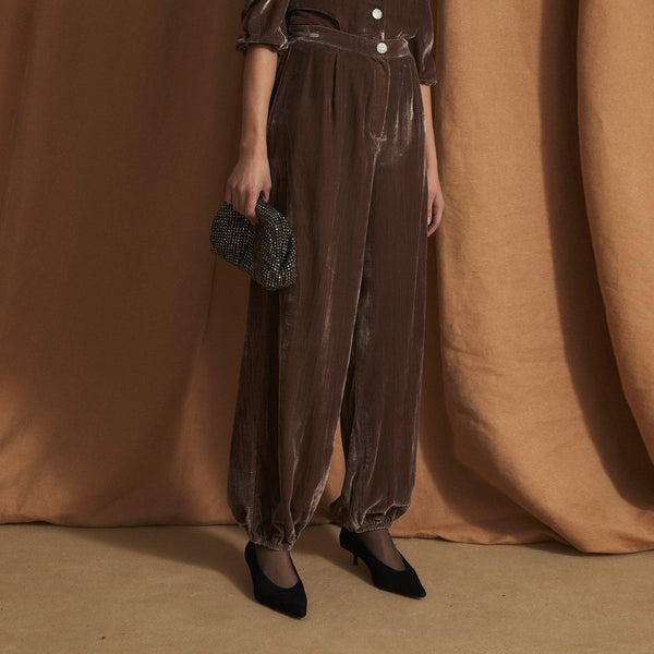 SOPHIE + LUCIE Linda Velvet Trousers in Taupe