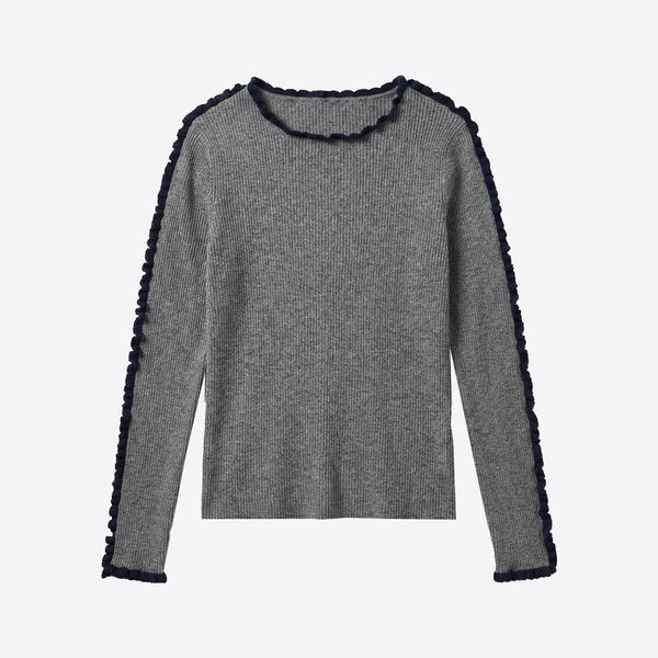 VILAGALLO Frill Rib Jumper in Grey Melange/Navy