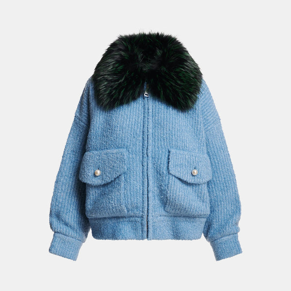 ESSENTIEL ANTWERP Kanada Knitted Jacket with Fur in Blue/Green