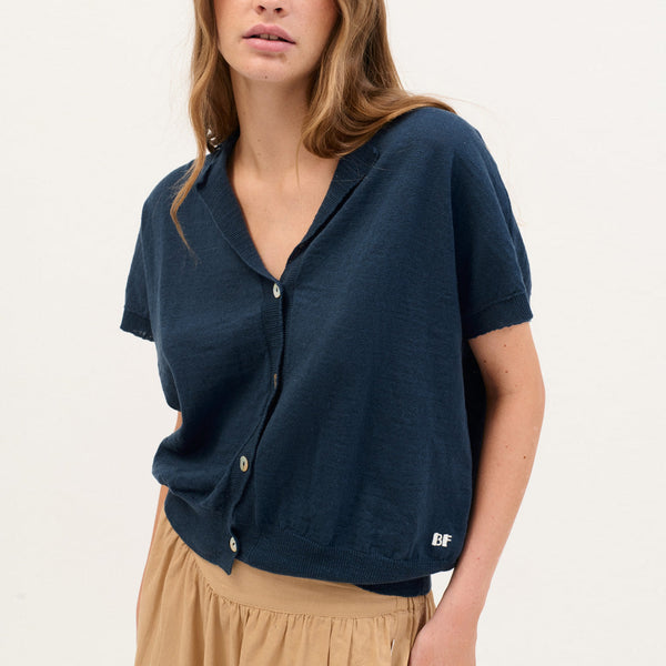 BEATRIZ FUREST Pierre Short Sleeve Cardigan in Deep Blue