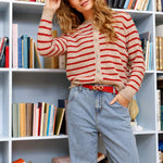 BLACK COLOUR Dell Striped Knit Cardigan in Red