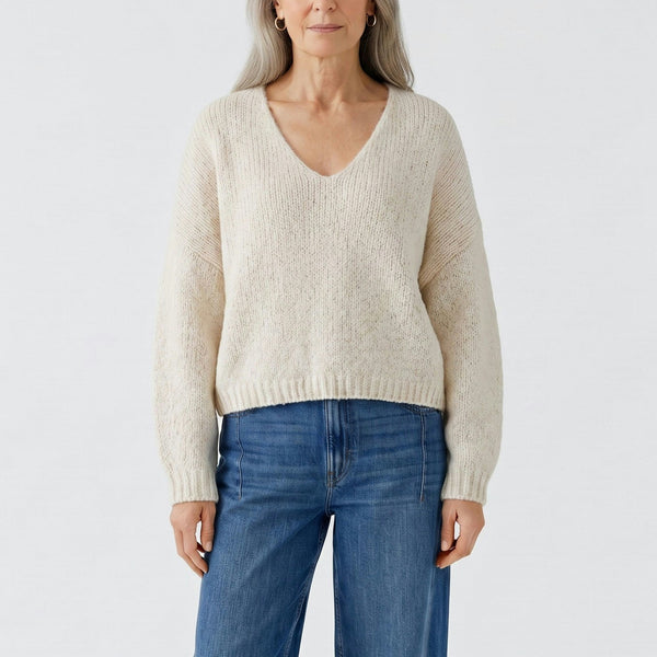 OUI V Neck Loose Fit Jumper in Light Beige Melange