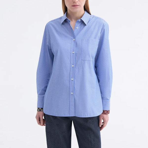 ROSSO35 Stripe Shirt with Contrast Collar in Light Blue